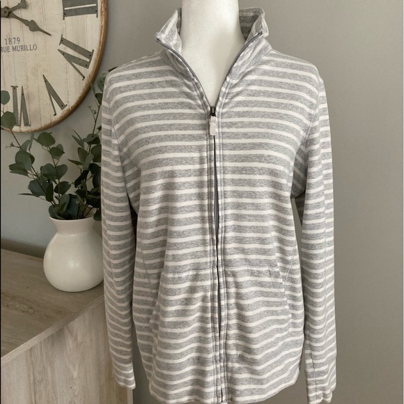 L.L. Bean Tops - L.L. Bean Women's Ultrasoft Sweats, Full-Zip Mock-Neck Jacket  Gray/White Stripe